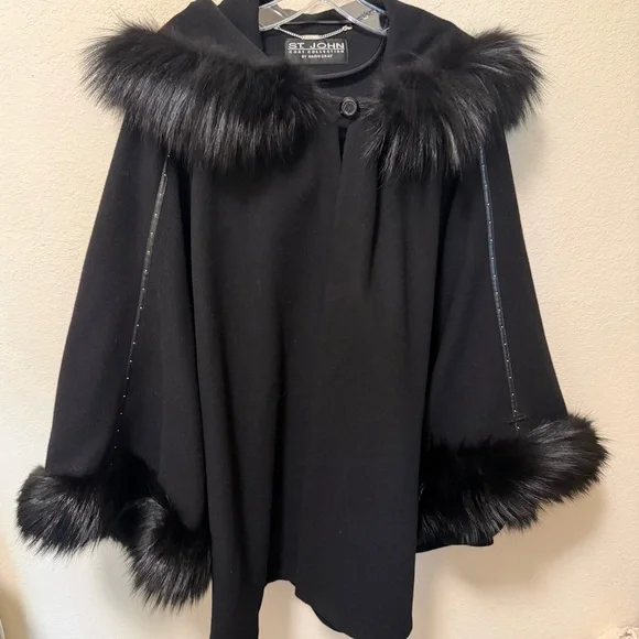 St. John by Marie Cray Elegant Black Fur-Accented Poncho - Picture 1 of 4
